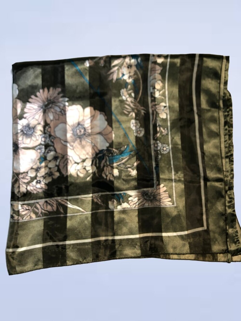 Vintage Floral Satin Square Scarf | Dark Elegant Silk Like Head Neck Wrap Shawl